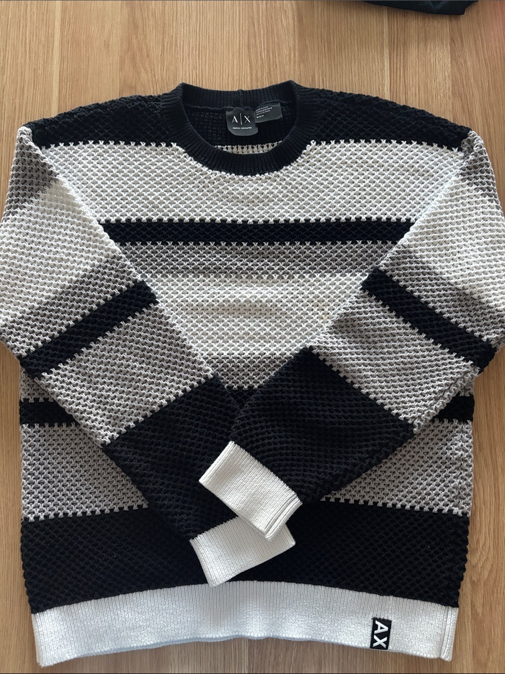 A/X Armani Exchange Black, White & Gray Striped Crewneck Sweater